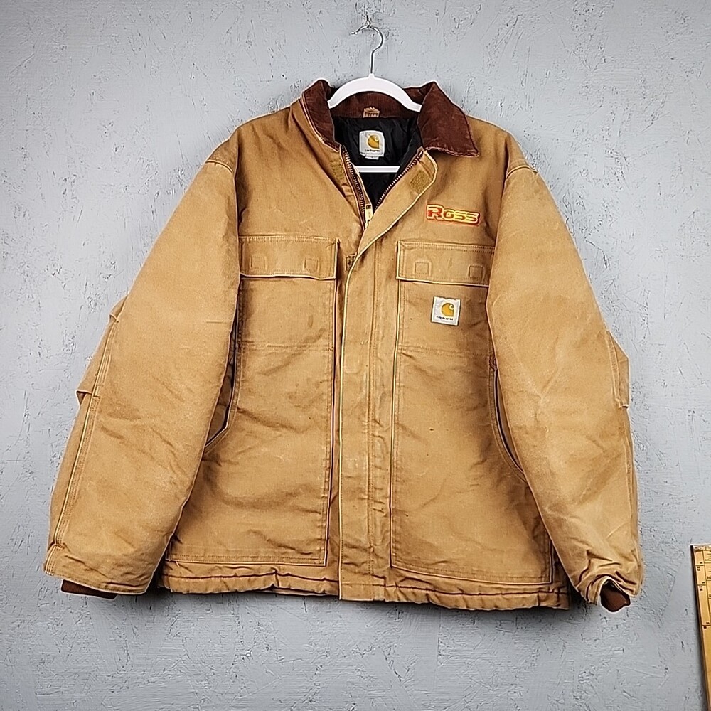 Carhartt Jacket Mens Large Tan Loose Fit Duck Canvas Quilted Lined C003 Brn Logo